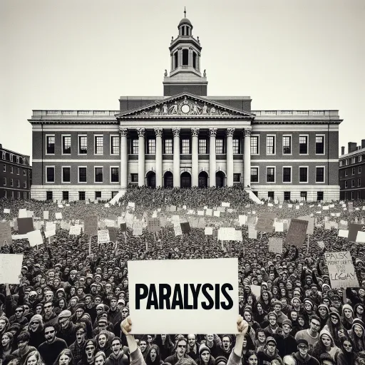 Protestors outside Harvard University's legacy building holding a large blank sign, referencing Harvard's response to the Hamas attack.