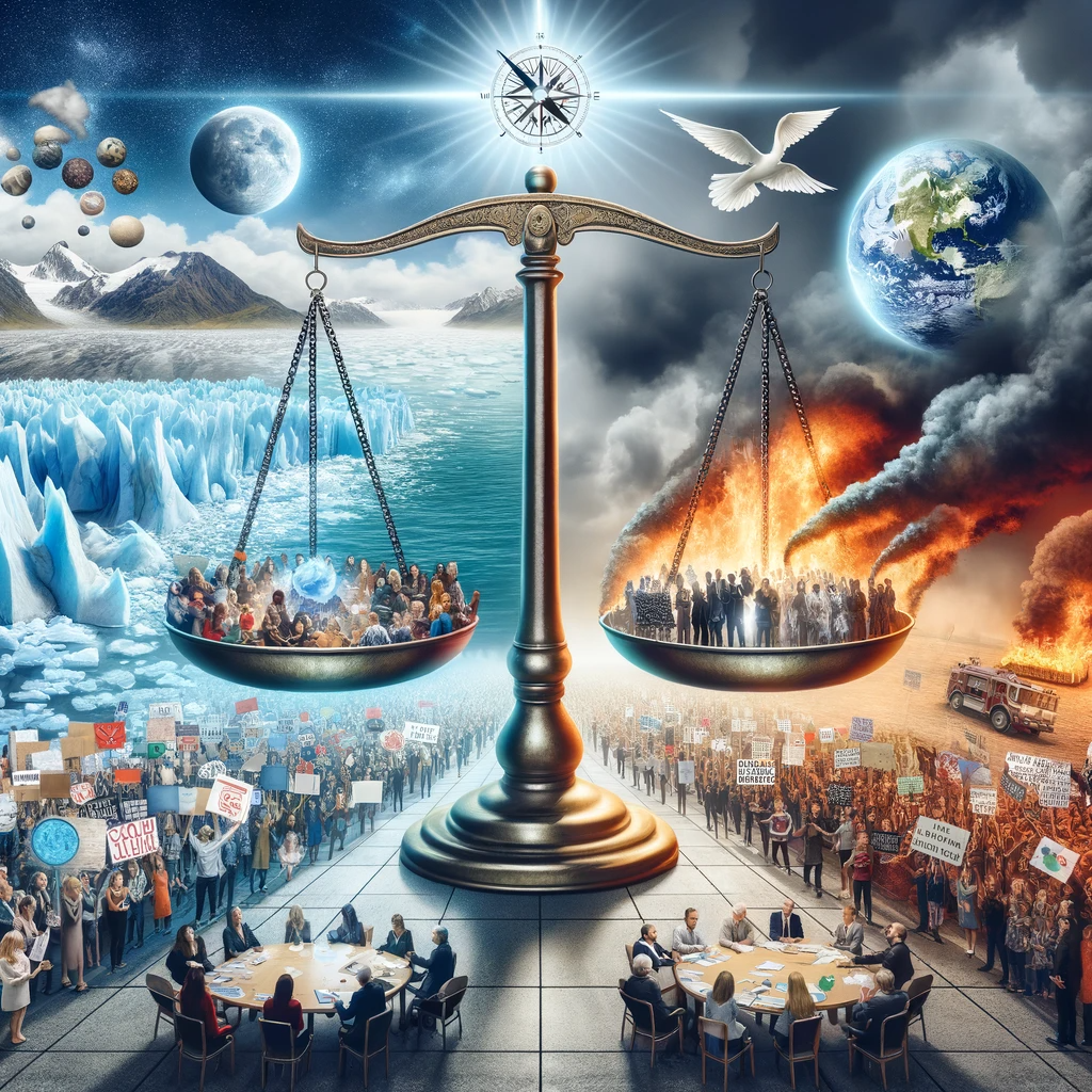 Diverse groups discussing on one side of a balance scale with global challenges depicted on the other, overseen by a guiding compass and light.