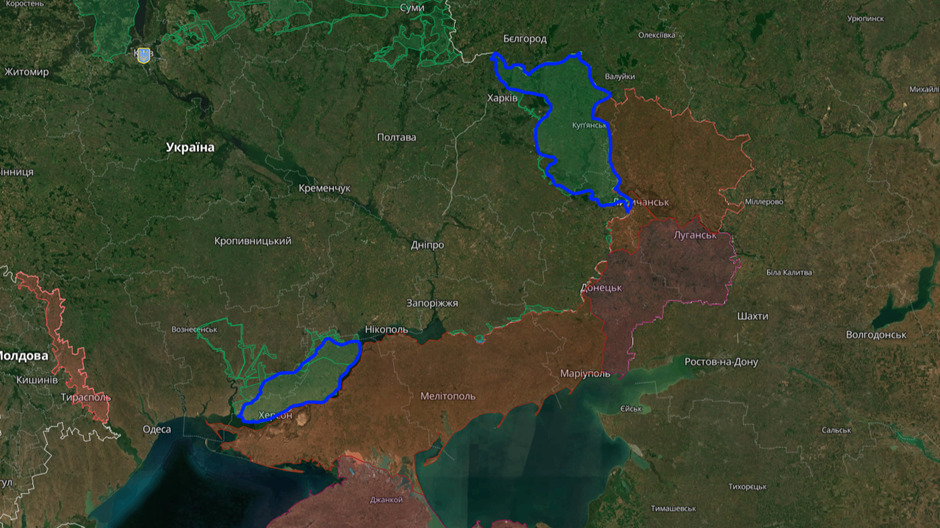 [Area regained by Ukraine during August – November 2022 is in blue]